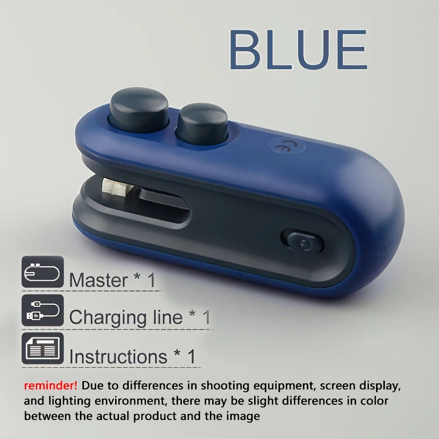 A blue portable magnetic bag sealer device with a main body and two knobs, shown against a light gray background.