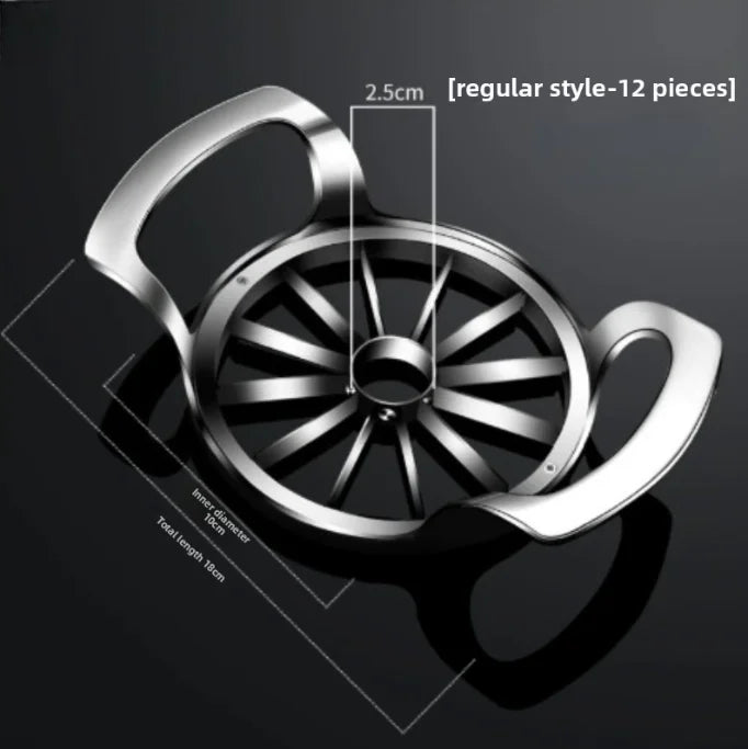 A silver stainless steel avocado cutter and fruit slicer with a handle and circular blade design.