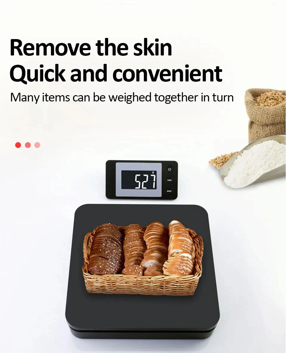 A black digital platform scale is shown weighing several items, including bread rolls and grains.