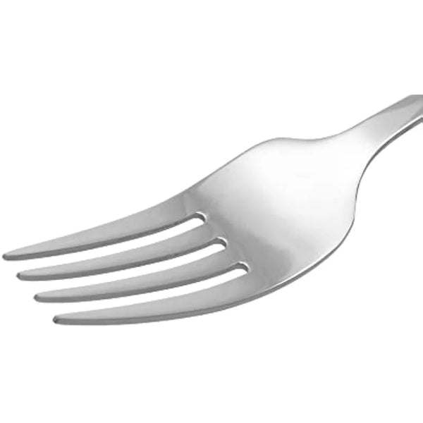 A silver heavy duty stainless steel dinner fork shown from the side.