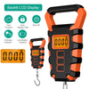 An orange and black digital hanging scale with a clamp, showing a weight of 0.000 kg.