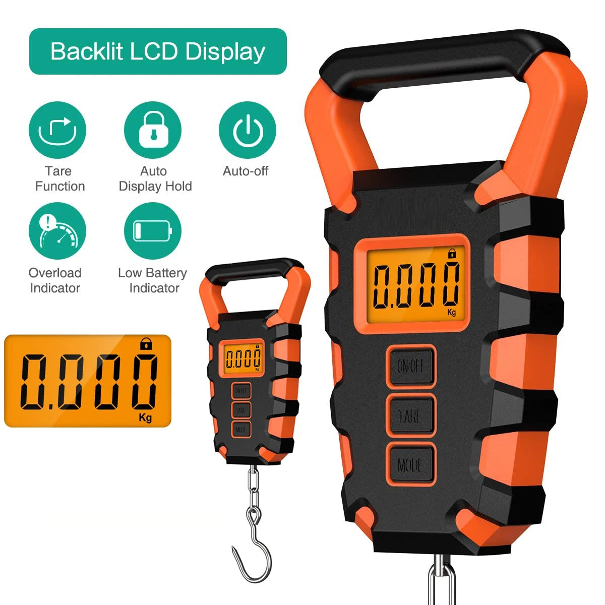 An orange and black digital hanging scale with a clamp, showing a weight of 0.000 kg.