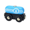 A blue wooden magnetic train car set with the word WATER and the number 03 on it.