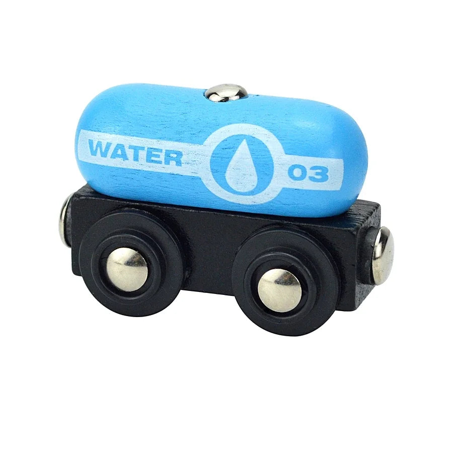 A blue wooden magnetic train car set with the word WATER and the number 03 on it.