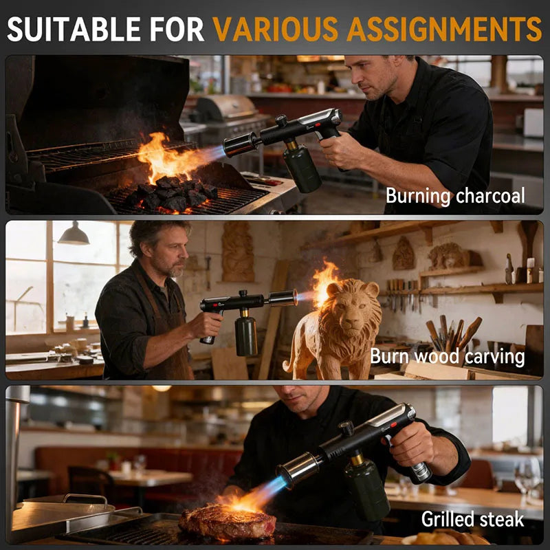 A man is using an adjustable propane torch to burn charcoal, carve wood, and grill steak.