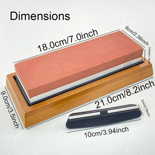 Holzschleifstein-Set zur Schärfung mit Dimensionen und Messer.