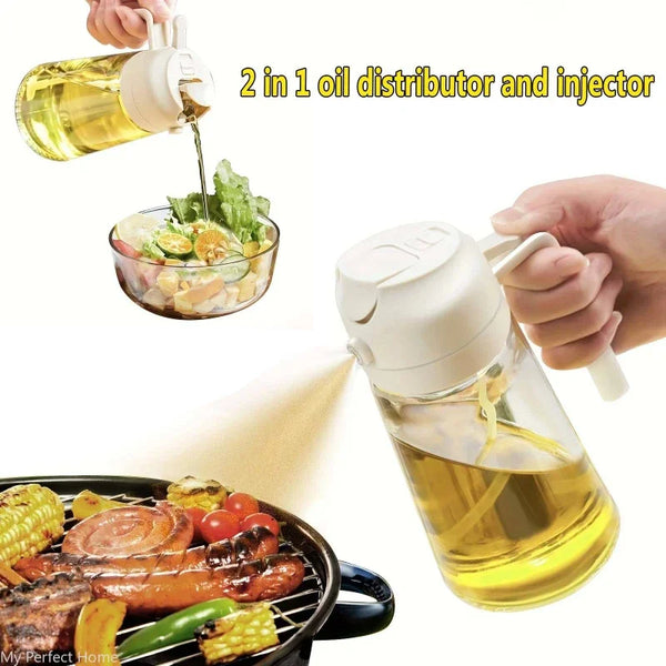 Eine Hand gießt Öl aus einer 2-in-1 Ölverteiler- und Injektorflasche in eine Schale, um ihre Verwendung als Ölverteiler zu de