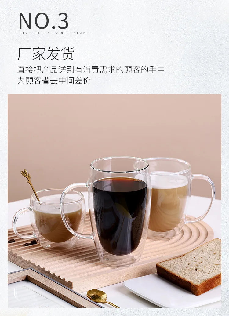A set of clear double-walled glass drinking cups filled with tea or juice, resting on a wooden board next to toast.