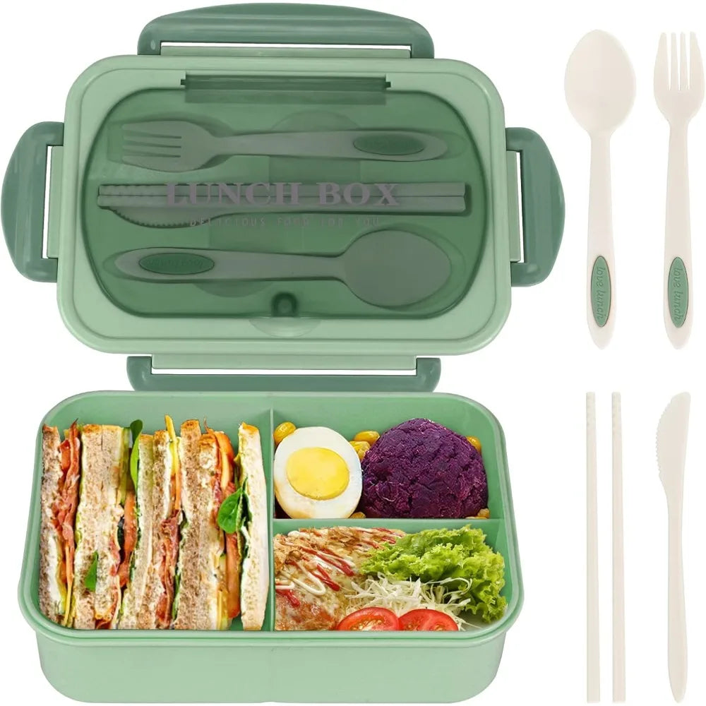 A green leakproof bento lunch box is shown open, containing food and separate utensils.