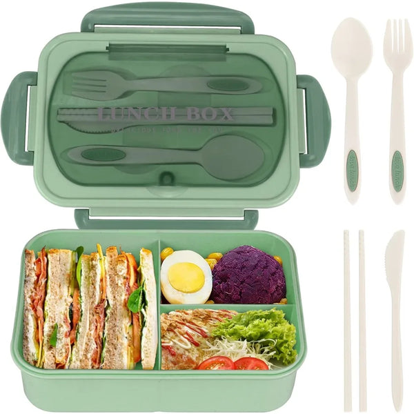 Grüne, dicht schließende Bento-Lunchbox geöffnet mit Essen und separaten Utensilien.