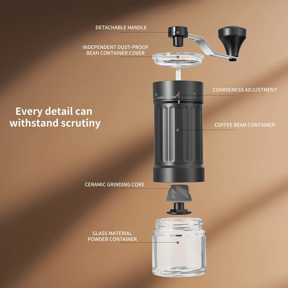 A manual ceramic coffee grinder assembly showing various parts like the detachable handle, dust-proof bean container cover, a