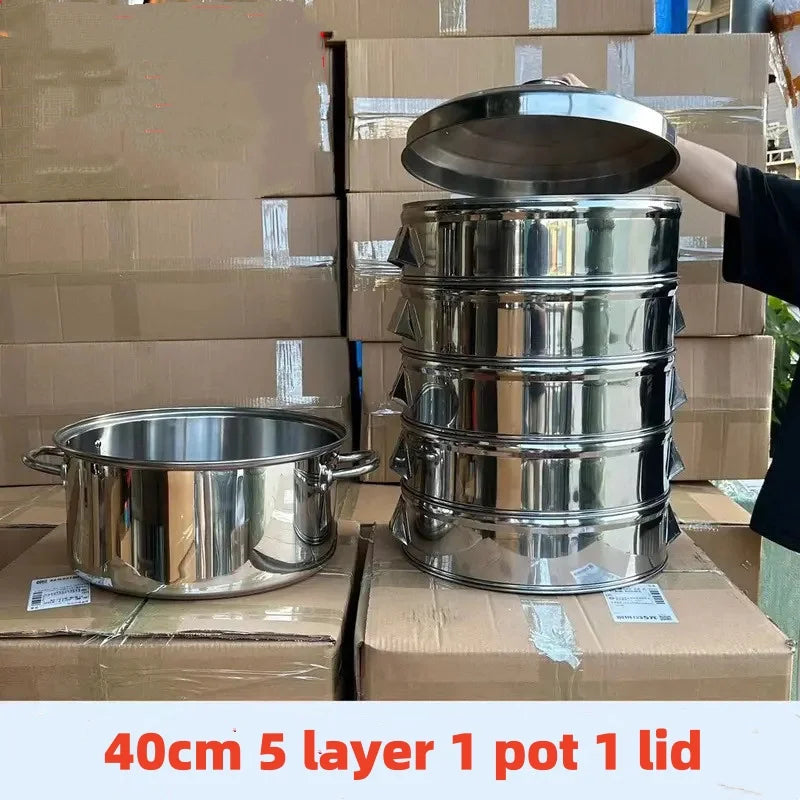 A stack of five stainless steel pots with lids, demonstrating a 5-layer set for baking and cooking.