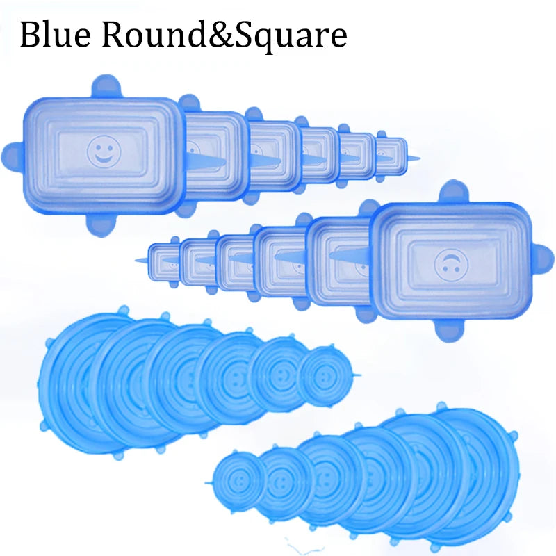 Blue round and square reusable silicone food storage lids stacked in various sizes