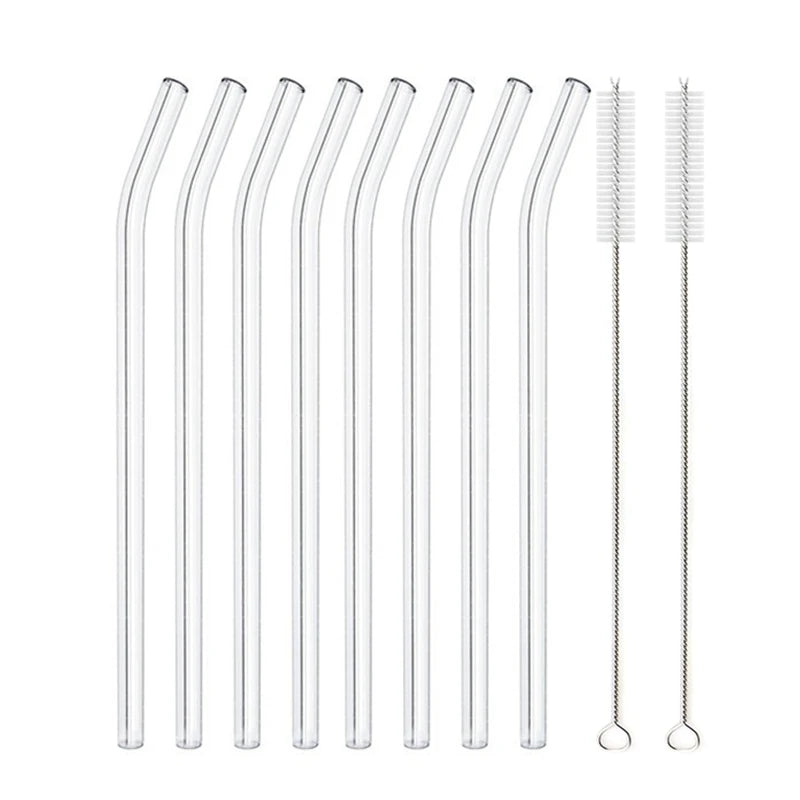 A set of clear glass drinking straws for smoothies and cocktails.