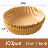 A round, light brown disposable non-stick air fryer liner with a 16cm diameter and 5cm depth.