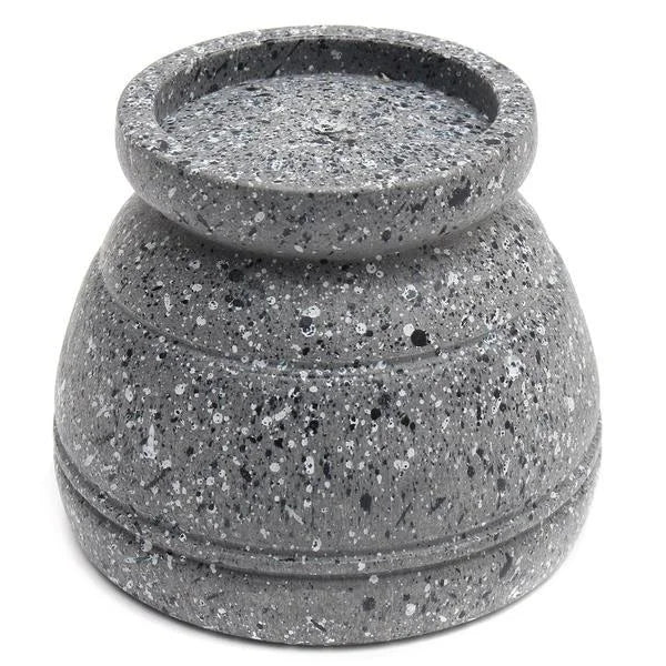 A gray stone mortar and pestle set with a rounded bowl and a heavy base.