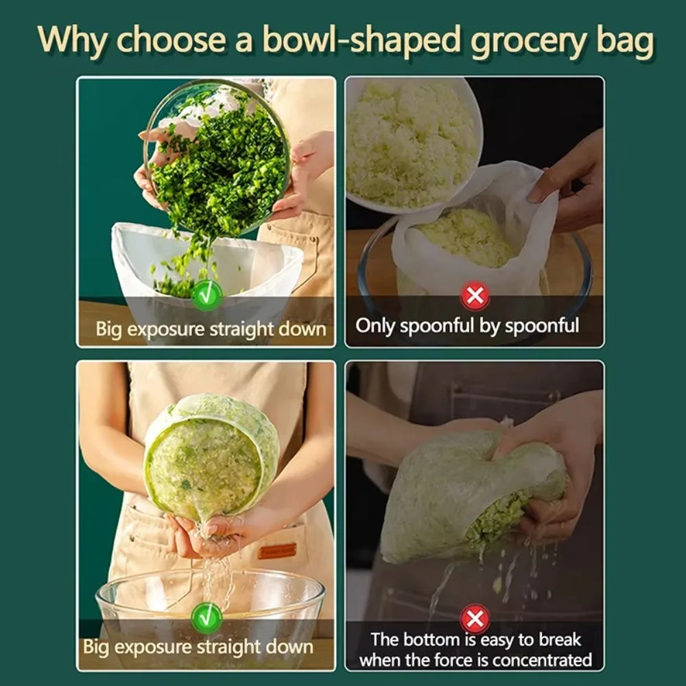 Comparison showing the benefits of a bowl-shaped grocery bag versus a standard bag for food exposure.