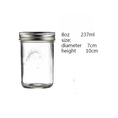 Clear glass mason jar with a metal lid, measuring 8oz and 237ml.