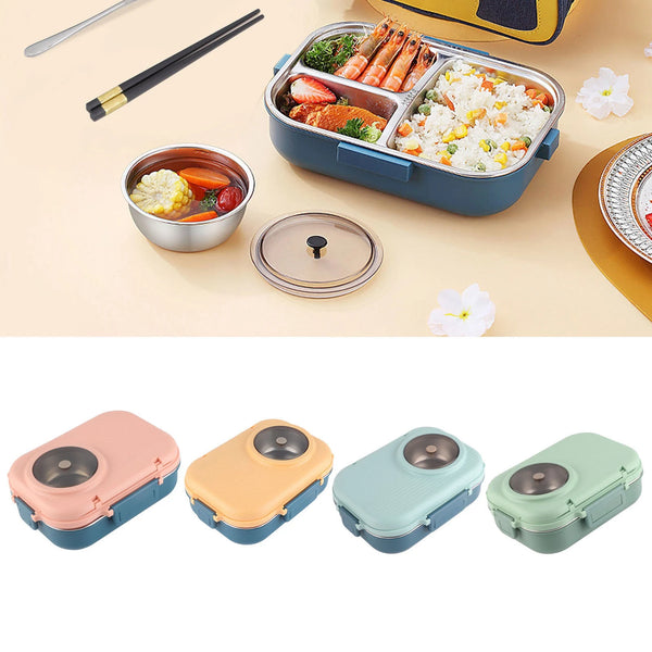 A double layer thermal lunch box in various pastel colors is shown with food and a utensil kit on a light background.