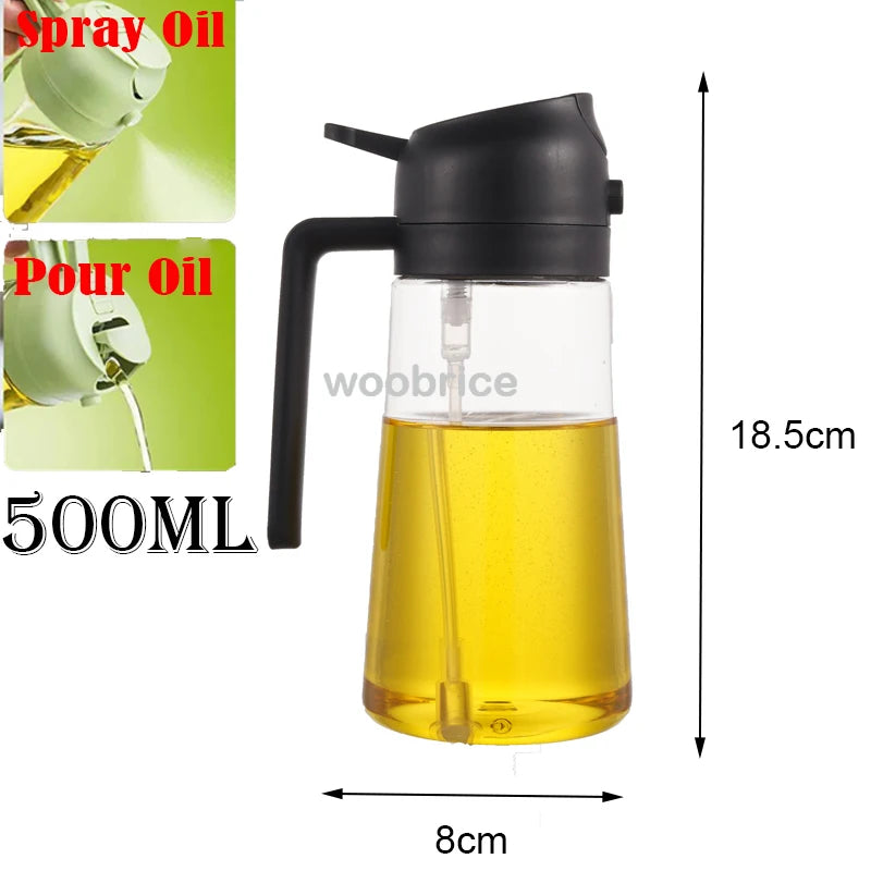 A black glass oil dispenser with a spout and a handle, showing yellow cooking oil inside.