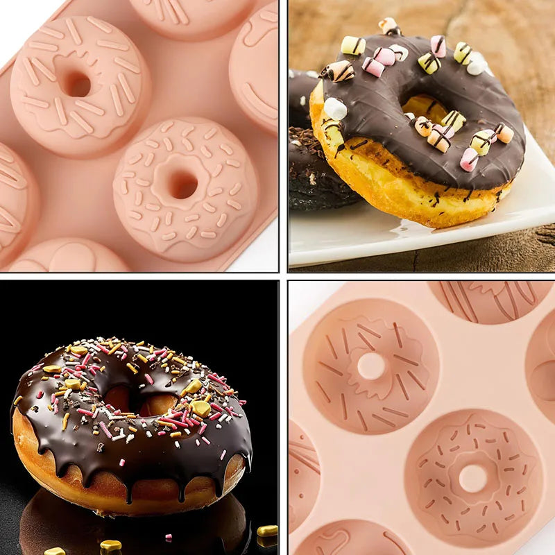 A set of six silicone mini donut cake pans in a soft pink color, shown alongside a glazed donut and a decorated donut.