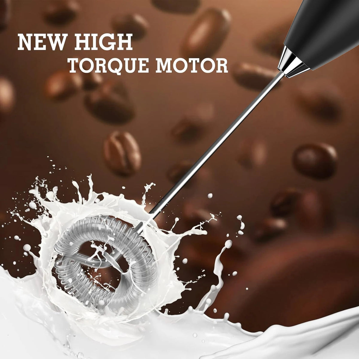 A close-up of a handheld milk frother with a new high torque motor creating foam in a white container.