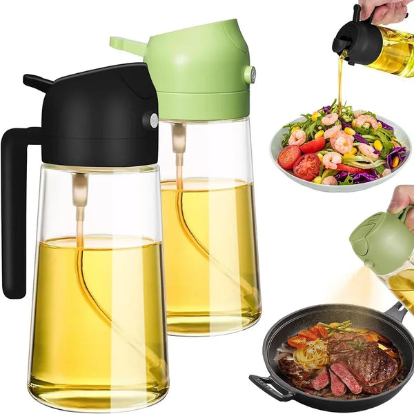 Ein Set aus zwei Glas-Ölsprühflaschen, schwarz und hellgrün, neben einem Salat und einer Pfanne mit gekochtem Fleisch