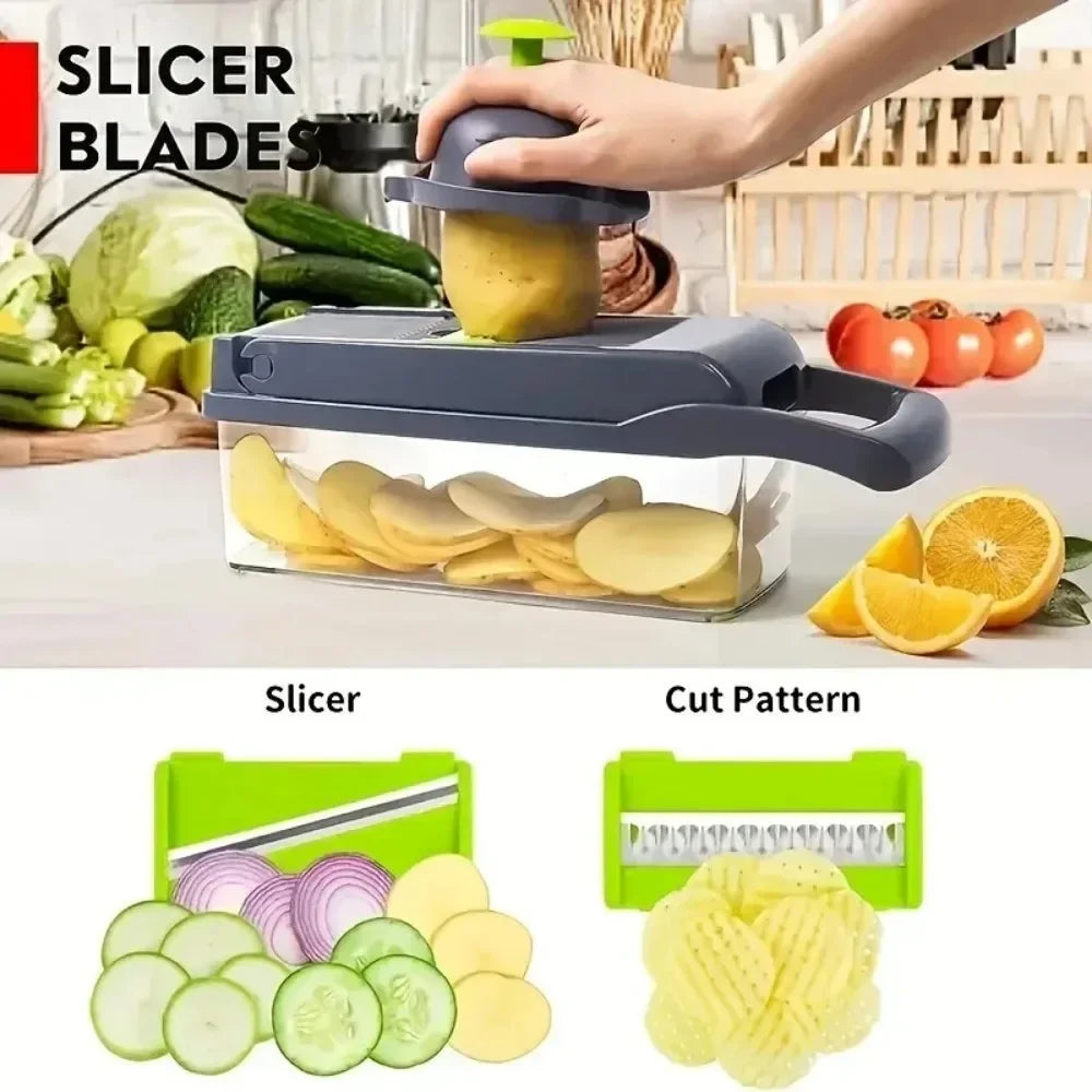 A slicer blade is shown being used to cut vegetables like zucchini and cucumber on a food preparation surface.