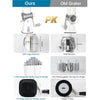 Comparison of a new PK grater against an old grater, showing features like feed ports and blade options.