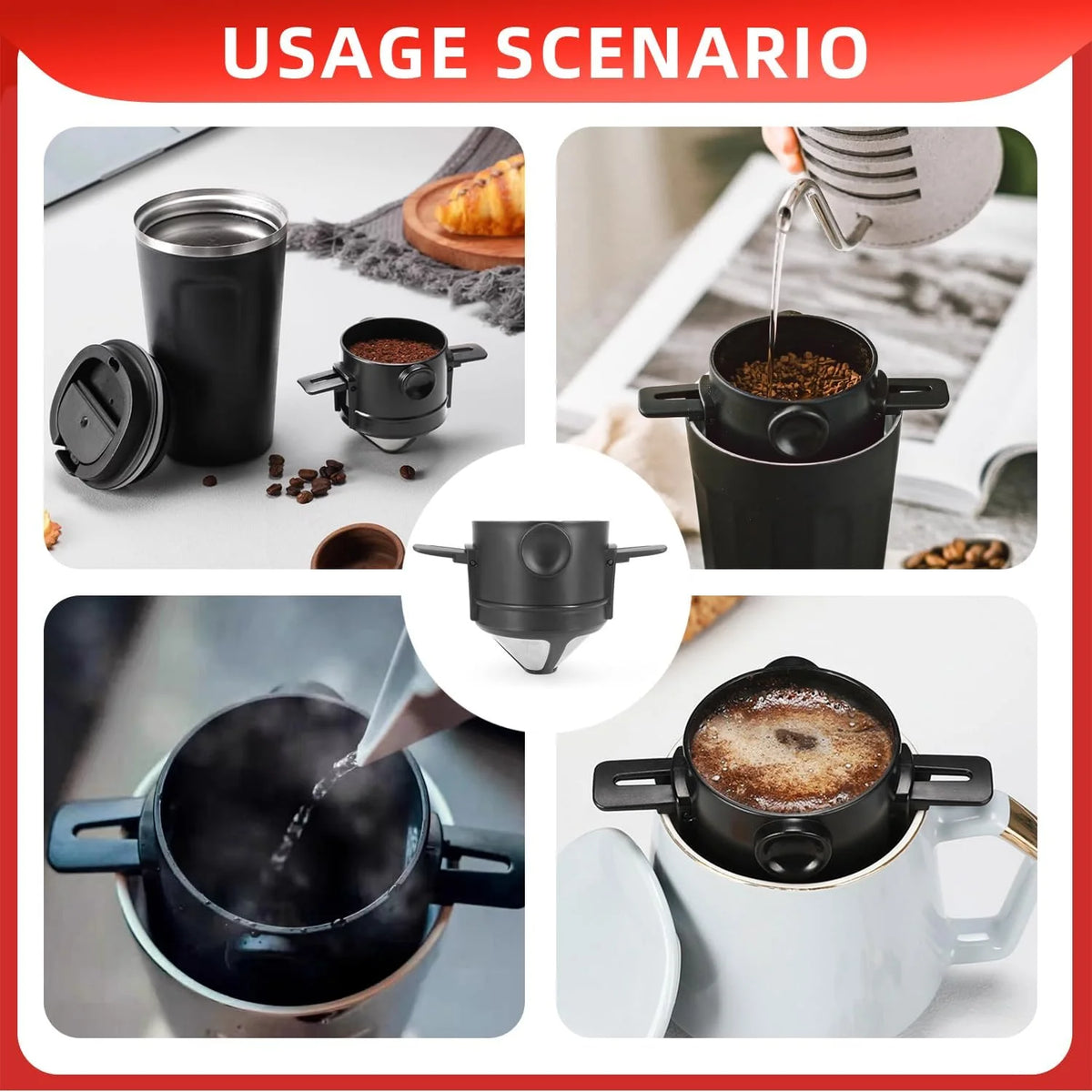 Serie de imágenes mostrando el uso del filtro para café de acero inoxidable plegable para preparar café.