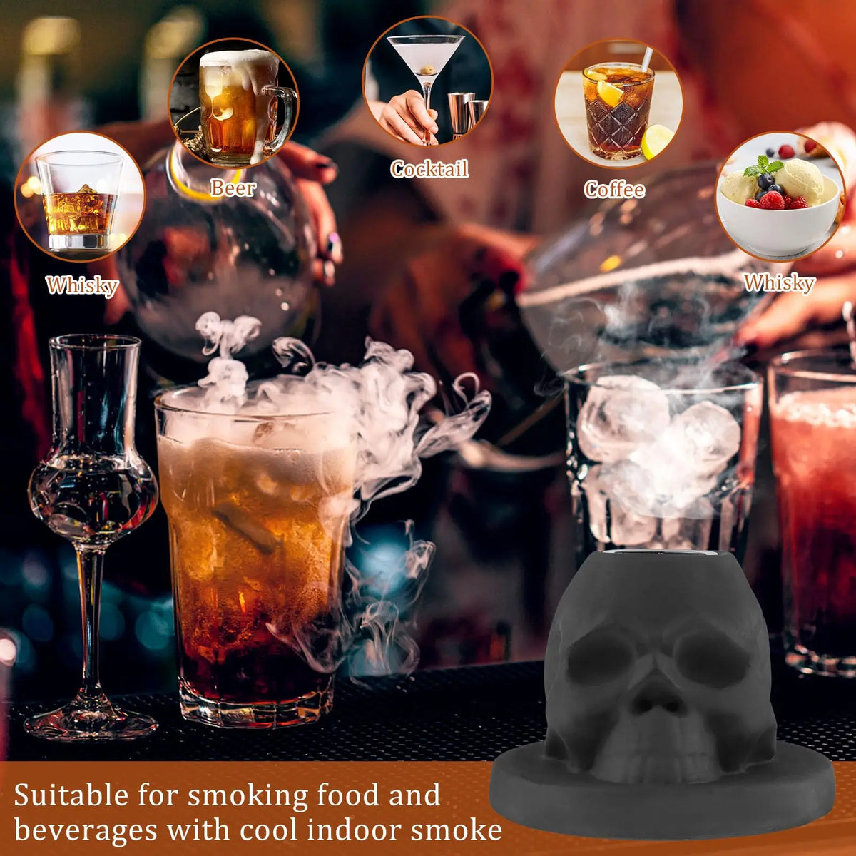 A dark skull-shaped smoking device is shown with various alcoholic beverages like whiskey, beer, and cocktails being smoked i
