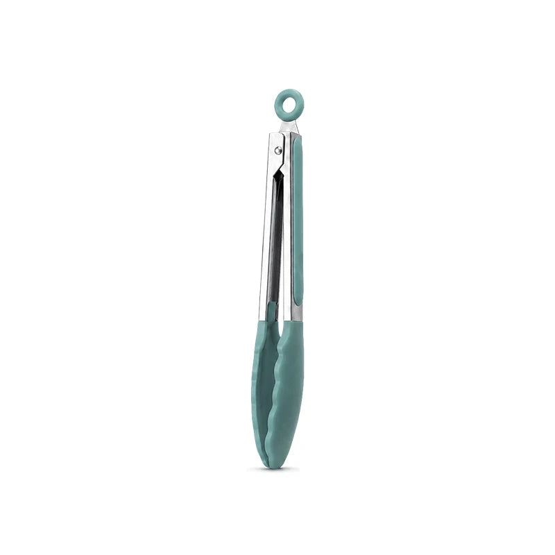 A set of three food-grade silicone kitchen tongs with stainless steel tips.