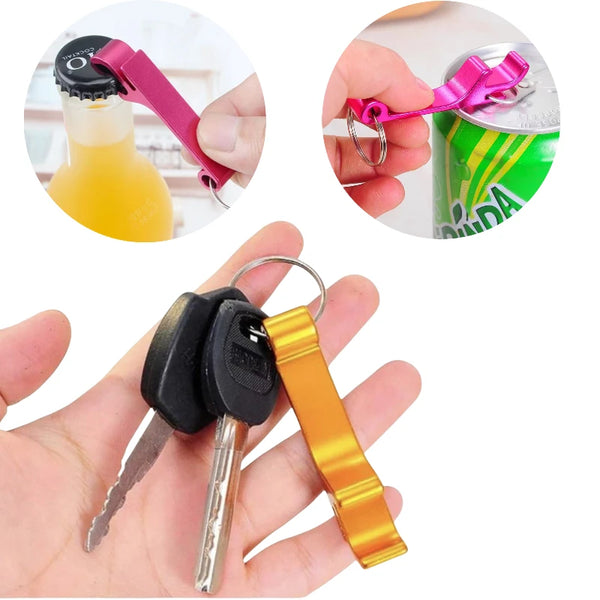 A portable metal bottle opener keychain is shown with a bottle and a can, demonstrating its use.
