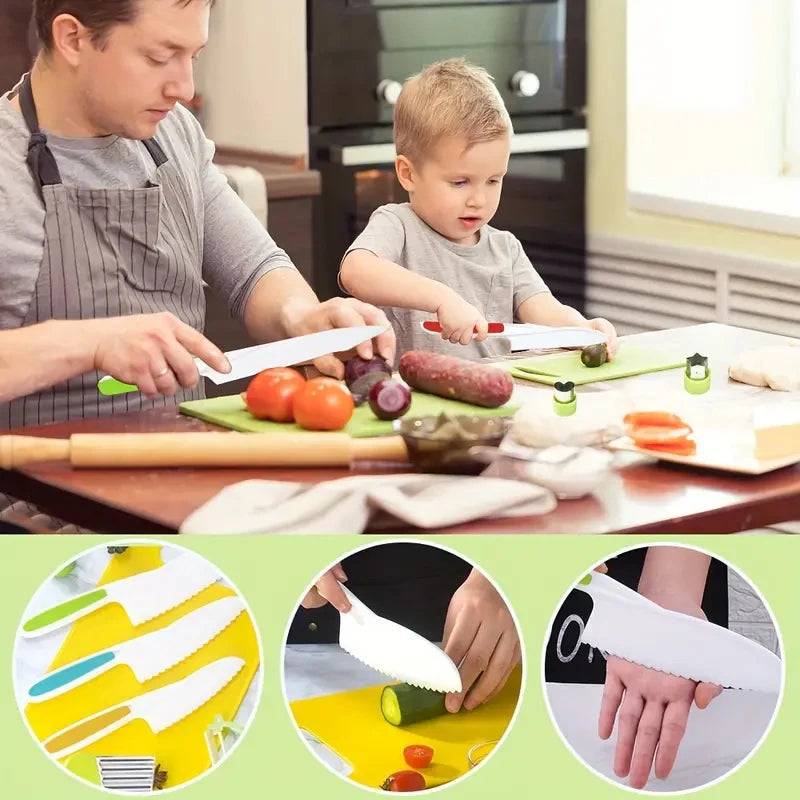 A set of plastic fruit and cake cutting tools shown with various colored knives and cutting surfaces.