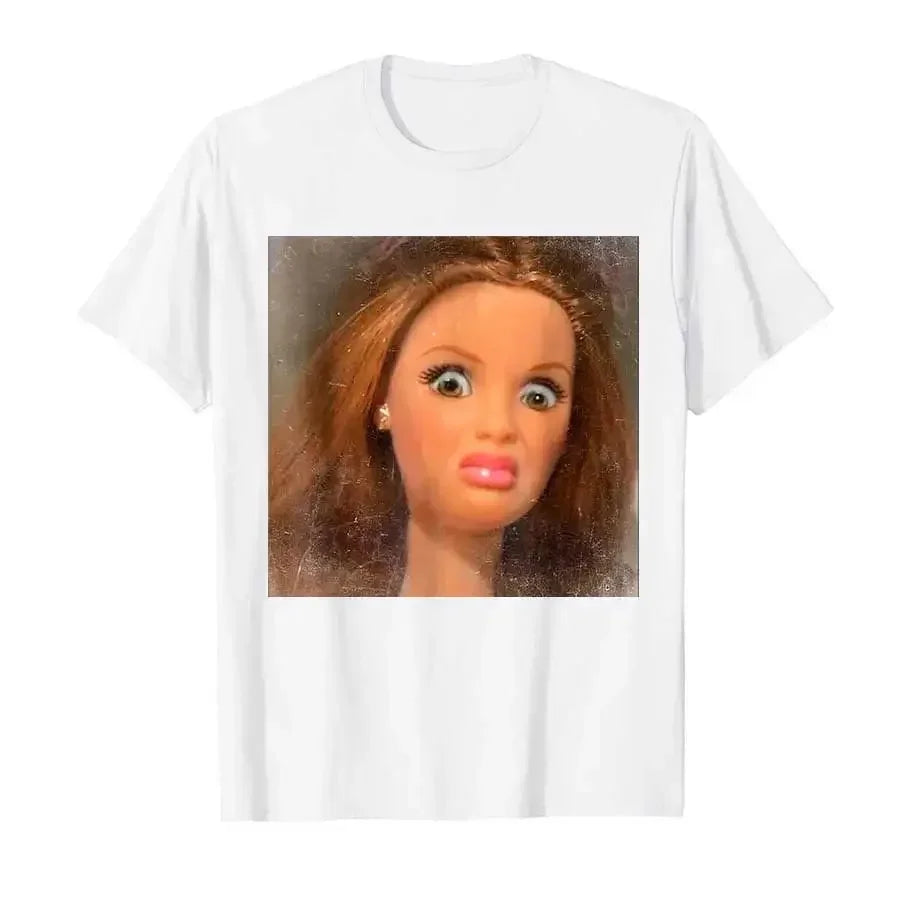 A white t-shirt featuring a close-up image of a disfigured face meme.