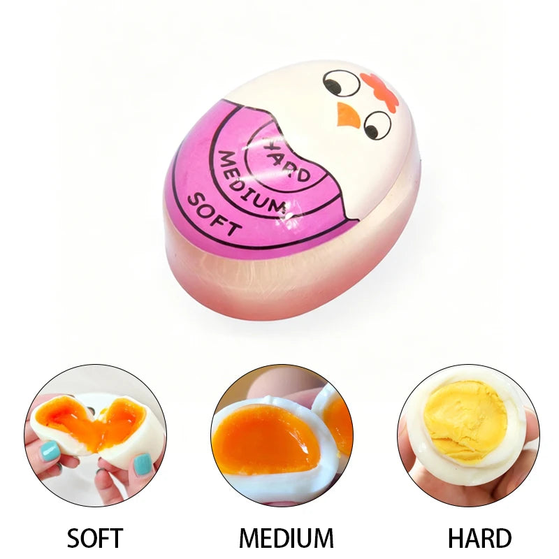 A pink egg-shaped cooking timer showing soft, medium, and hard levels.