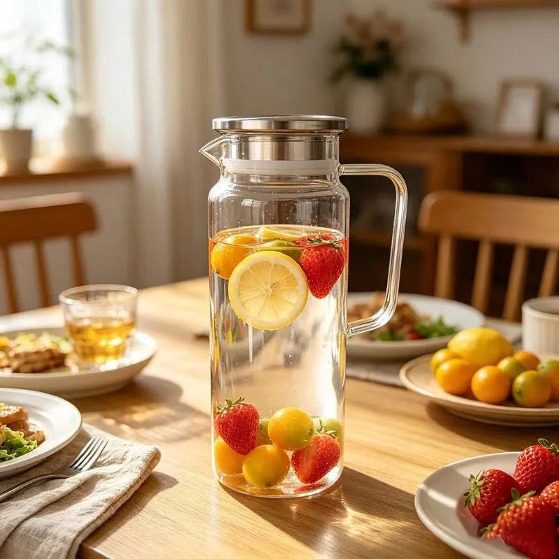 A clear glass water jug with a lid filled with fresh fruit, including lemons and strawberries, sitting on a wooden table.