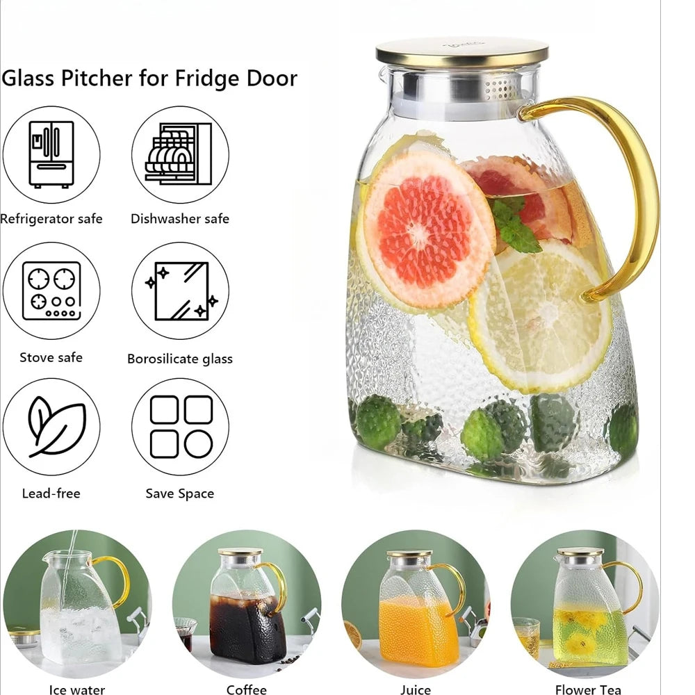 A clear glass pitcher for a fridge door filled with water, juice, and tea, featuring a gold-colored handle.