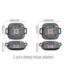 Dos platos de cerámica azul oscuro para ensalada o pasta