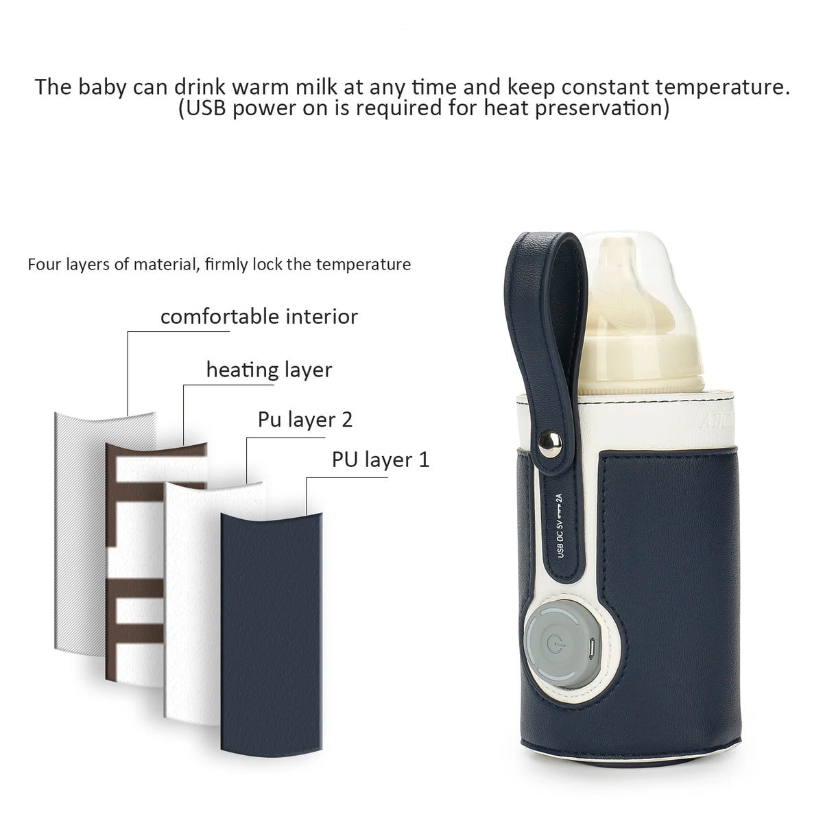 A dark blue baby bottle warmer device with a white bottle, showing its layered design.
