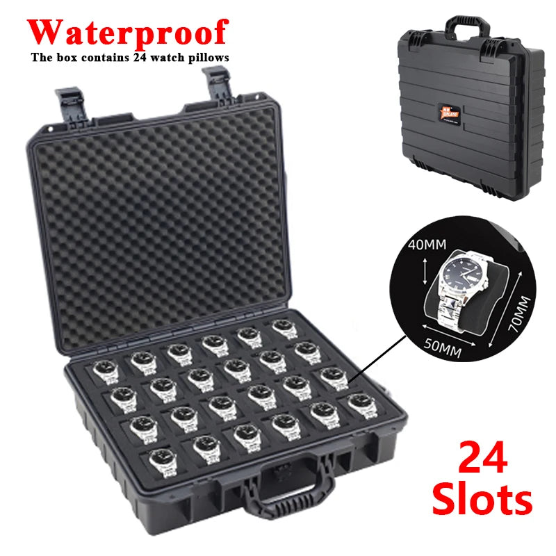 Black waterproof watch storage case with 24 slots and a lid, showing various watch pillows.