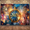 A large framed poster featuring a golden clock design with the year 2026 surrounded by colorful fireworks and bokeh lights.