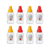 A set of ten mini condiment squeeze bottles in various colors including yellow and red for kitchen and camping use