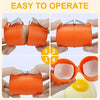 Orange portable egg shell opener tool shown in various operating angles and used to open an egg.