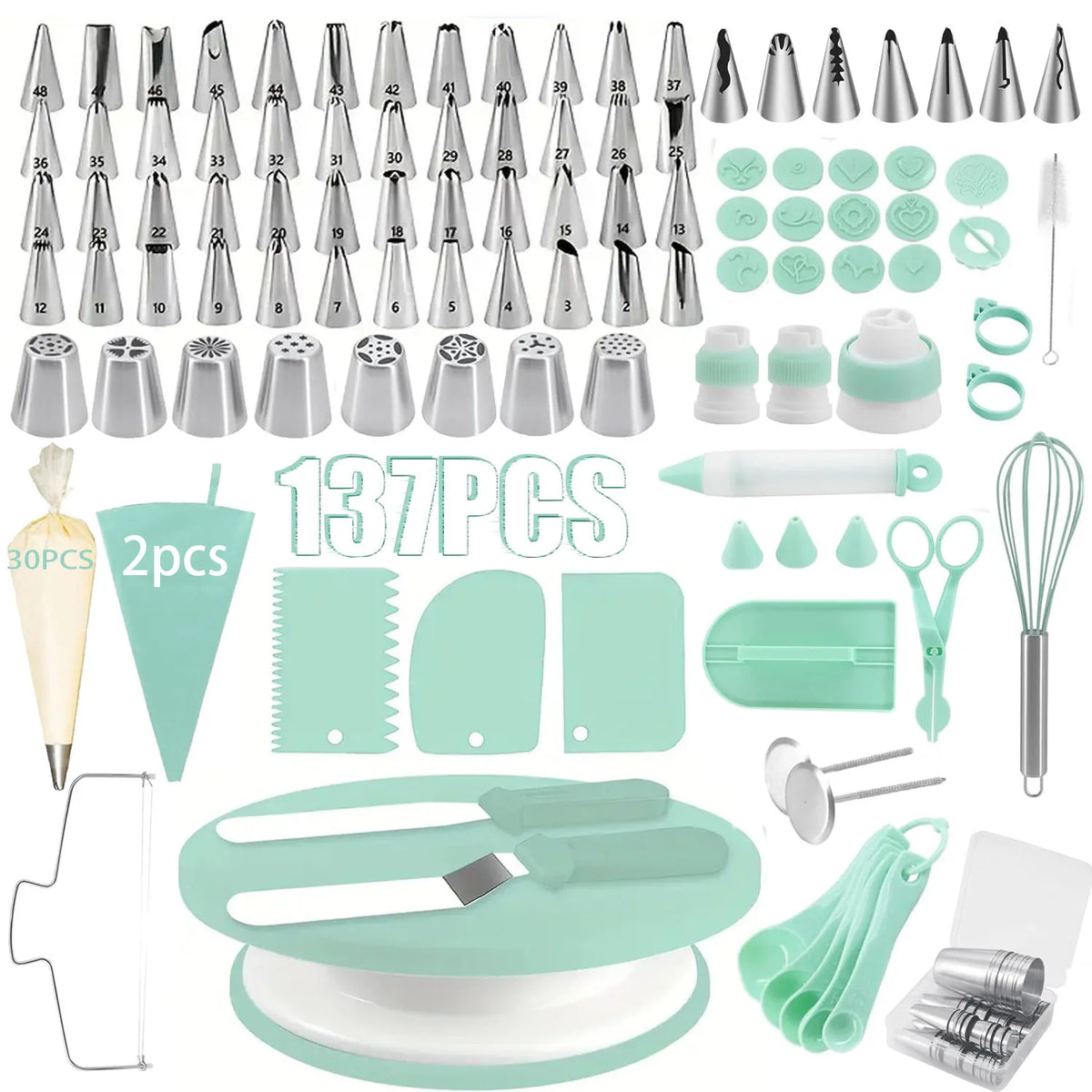 A collection of 137 cake decorating tools including piping tips, spatulas, and turntables in various shades of mint green.