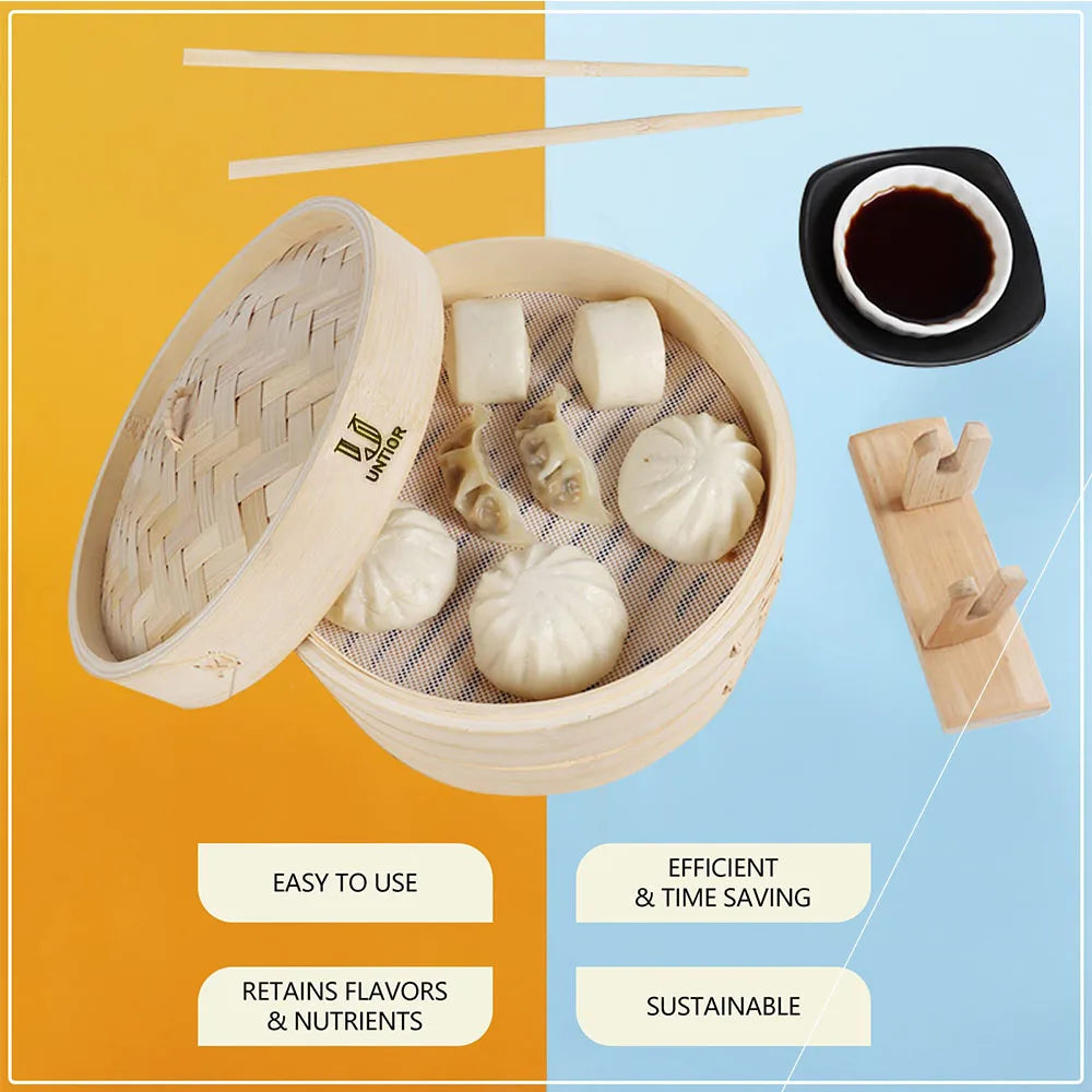 A wooden bamboo steamer basket filled with white food items, demonstrating an easy to use and time-saving cooking tool.