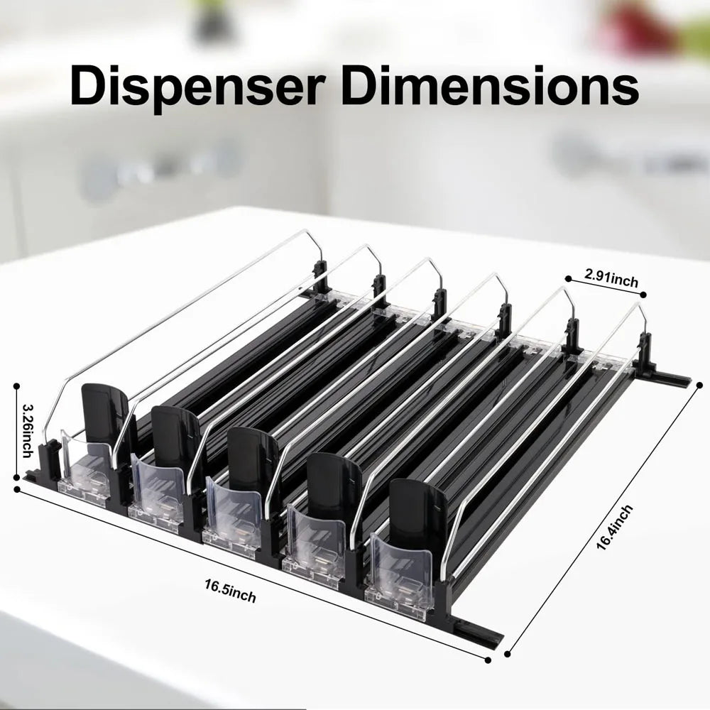 Diagram showing the dimensions of a spring-loaded dispenser organizer for cans and bottles.
