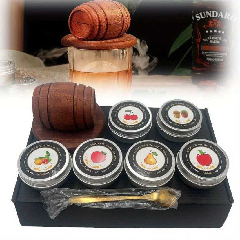A set of whiskey flavor infuser kit containing wood chips and a glass bottle.
