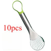 A set of ten stainless steel avocado cutters or fruit slicers with green handles.