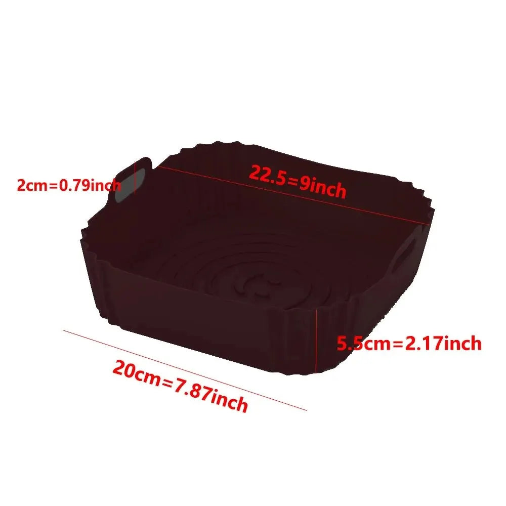 A dark brown reusable silicone air fryer liner basket shown with dimension markings.